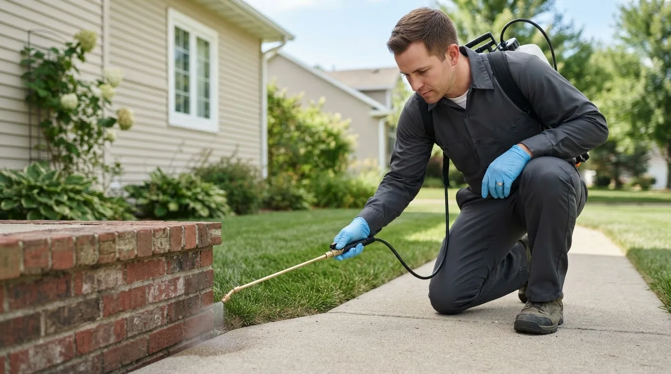 Pest control technician treating a home near Evansdale, IA
