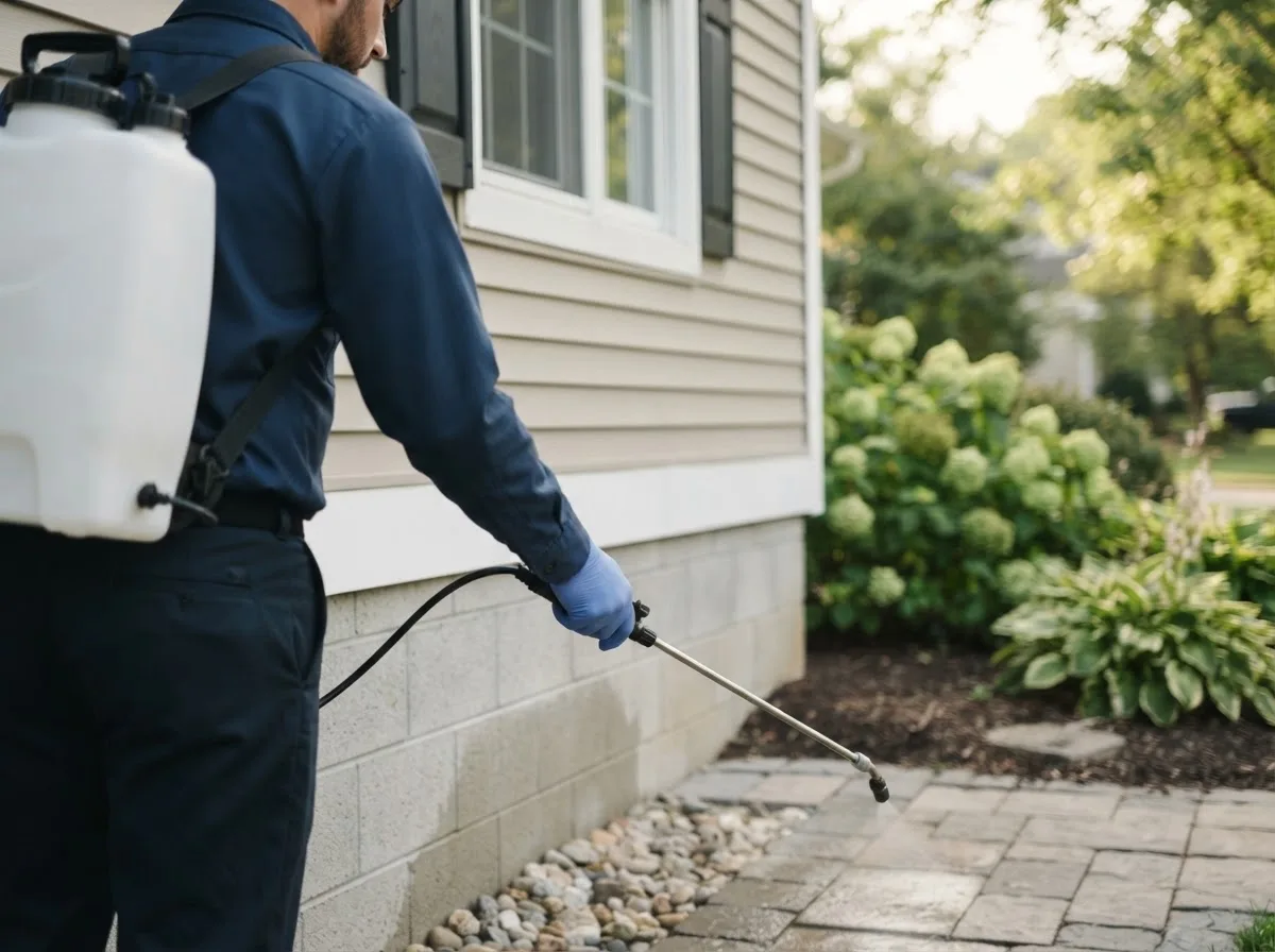 Pest control technician inspecting a home in Evansdale, IA